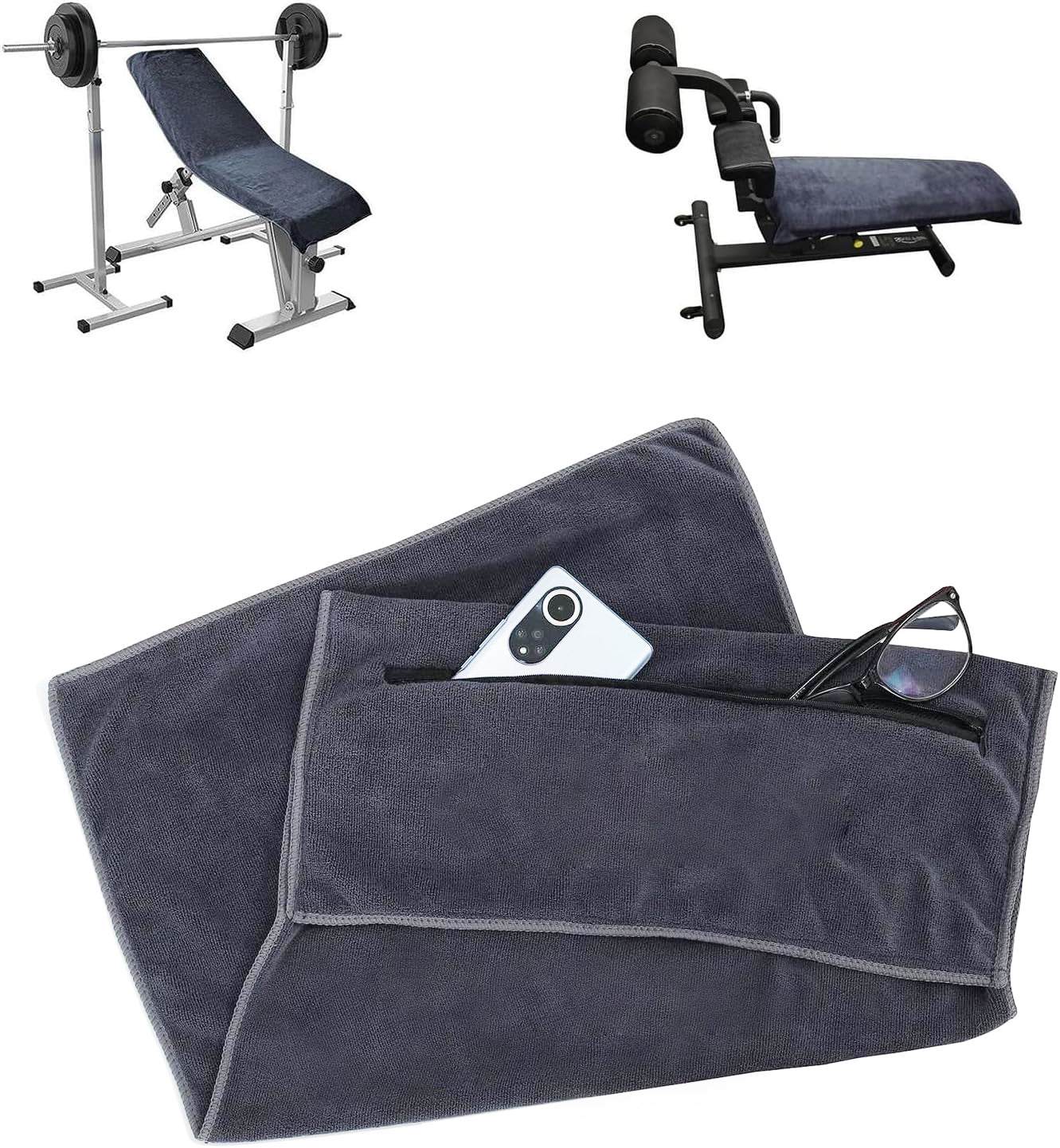 CACATUA Gym Towel with Zip Pocket for Weight Bench and Sit-up Board – Dark Grey Microfibre Sport Towel