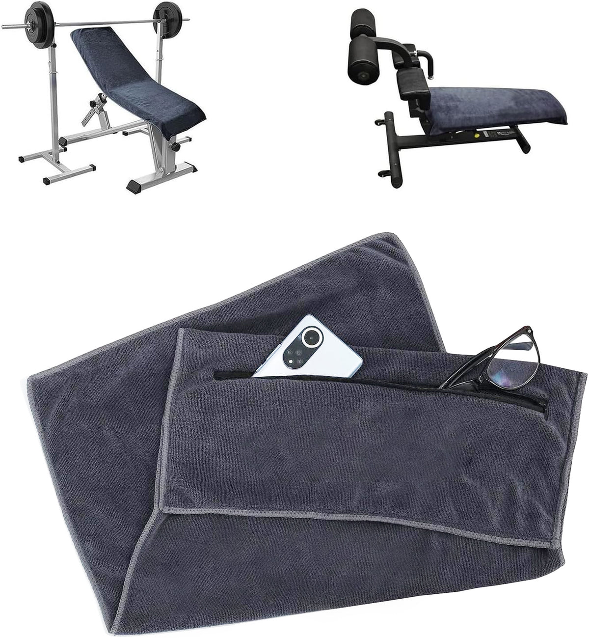 CACATUA Gym Towel with Zip Pocket for Weight Bench and Sit-up Board – Dark Grey Microfibre Sport Towel