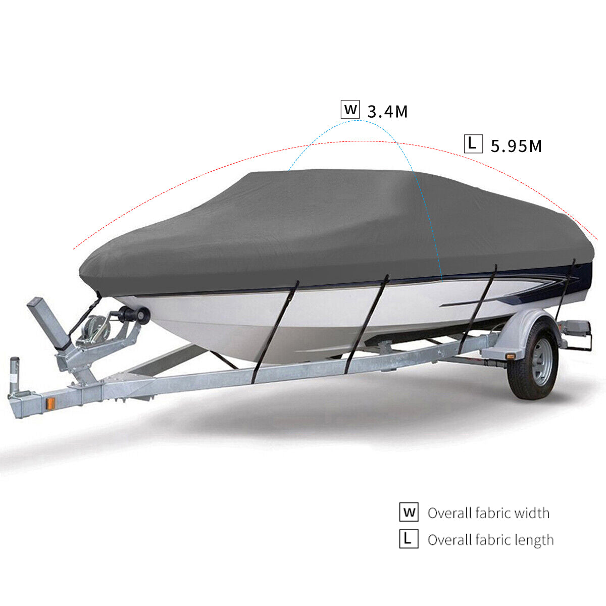 CACATUA Boat Cover Grey 5.95M x 3.4M Waterproof on Trailer – Overall Fabric Length and Width Diagram